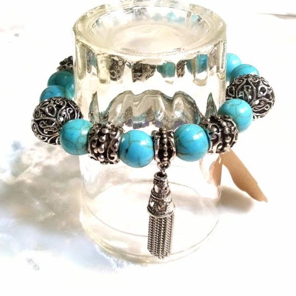 * NEW*TURQUOISE & SILVER BEADED BRACELET*ELASTIC *TASSLE T*HAND CRAFTED - Picture 1 of 5